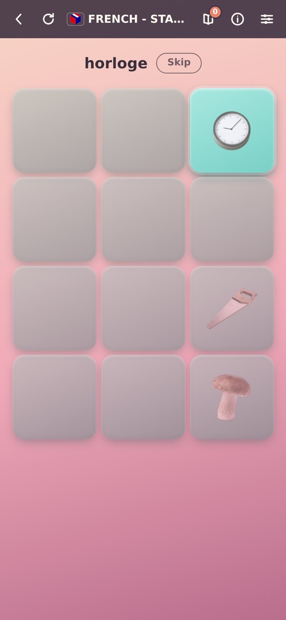 TapLingo asking the player to find the French word horloge among picture tiles