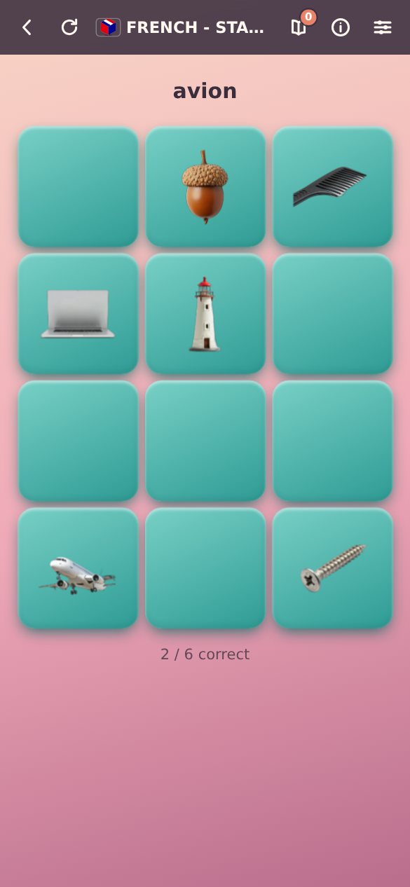 A TapMagic game board showing picture tiles including a lighthouse and a plane, asking for the French word avion
